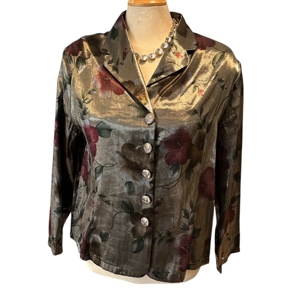 LAS & POLLA Blouse Sz *Large Silky Fabric Beautiful Buttons Long Sleeves Floral - Picture 1 of 10